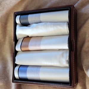 Pierre Cardin Handkerchief 5 Blue Brown Gray 2 White In Faux Leather Box
